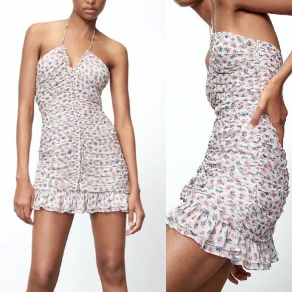 Zara White Ruched Halter Mini Dress